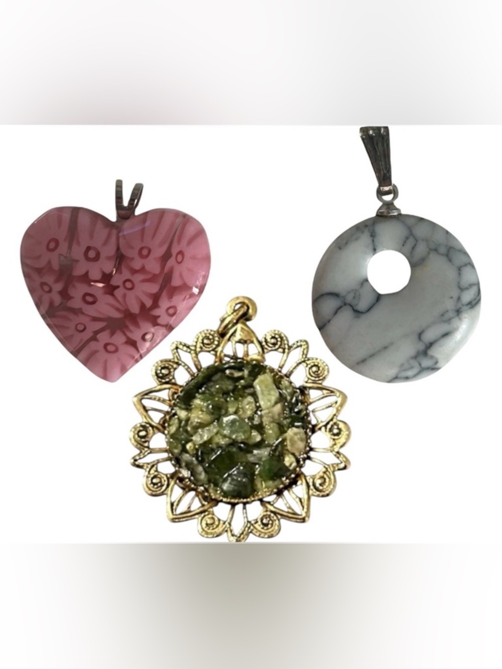NECKLACE PENDANT BUNDLE PINK HEART MARBLE PATTERN STONE (SET OF 3)